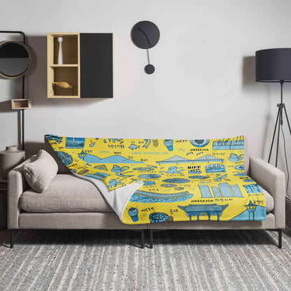 Busan Korea Throw Blanket - Line Art of Busan Attractions, K-Drama & K-Pop Fan Gift