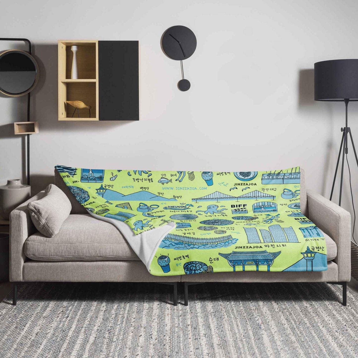 Busan Korea Throw Blanket - Line Art of Busan Attractions, K-Drama & K-Pop Fan Gift