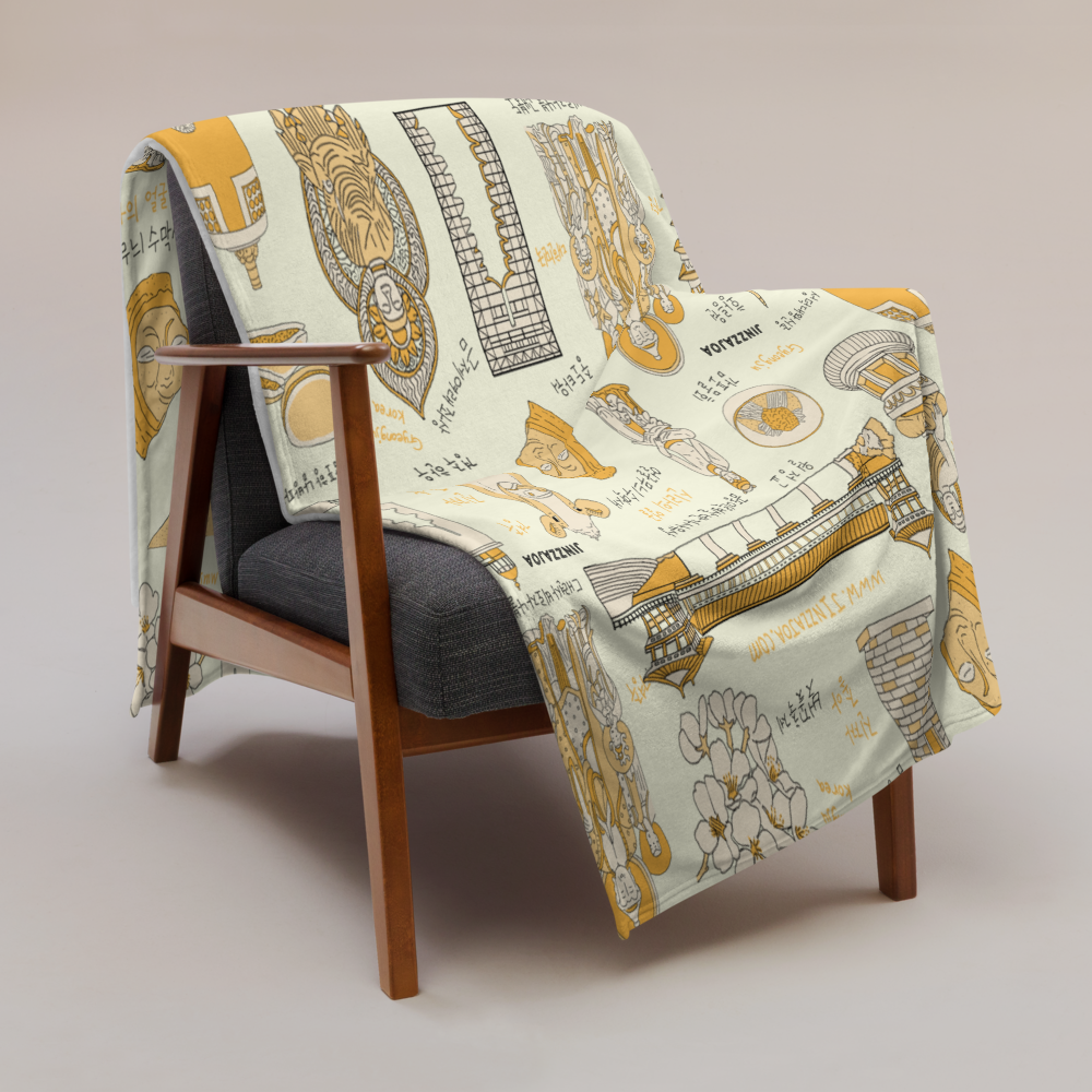 Gyeongju Korea Throw Blanket (Light Yellow) - Line Art of Gyeongju Attractions, K-Drama & K-Pop Fan Gift