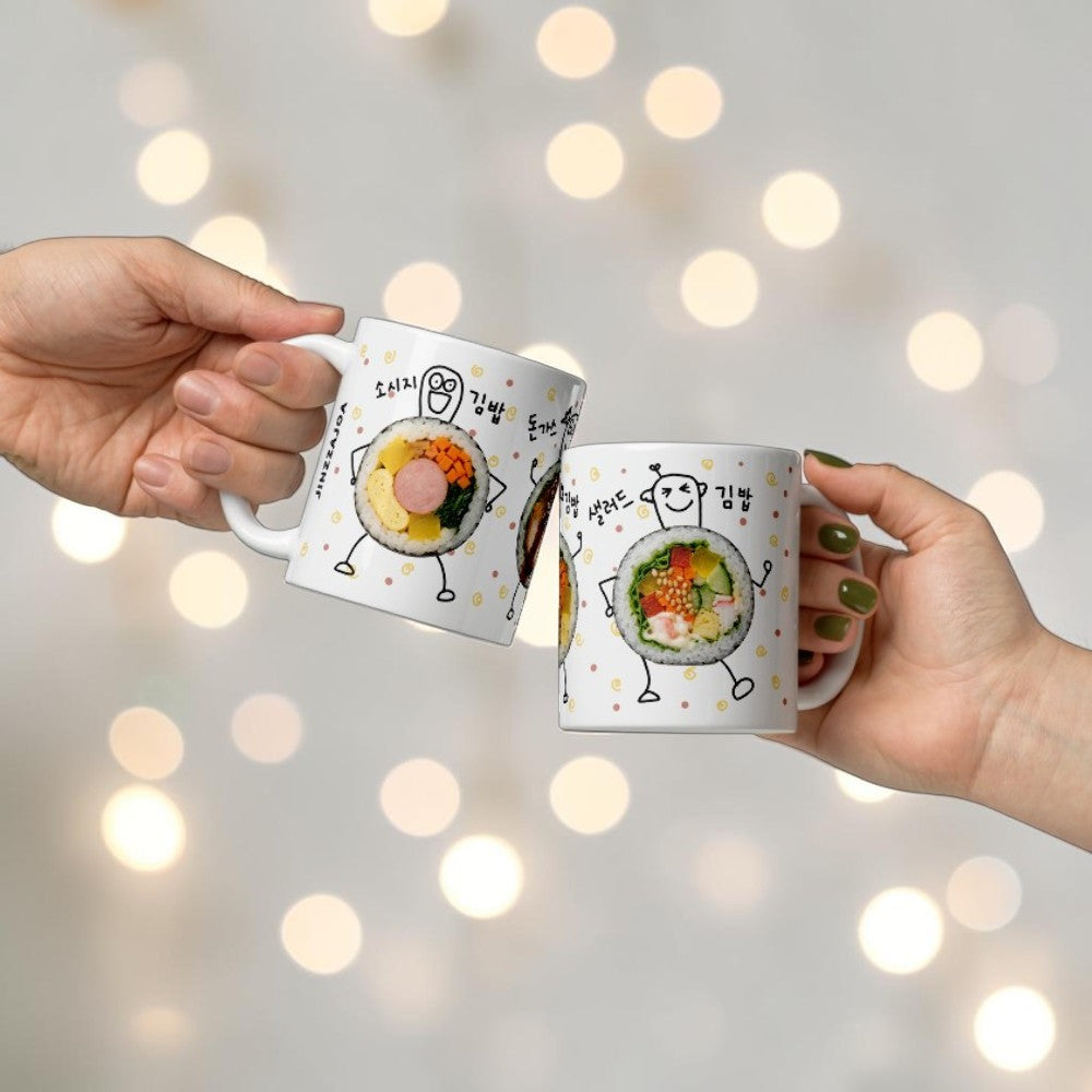 Korean Kimbap Mug – Hand Drawn Sausage, Pork Cutlet & Salad Gimbap Design, Funny Korean Food Coffee Cup, K-Food Gift for Korea Lovers & Foodies
