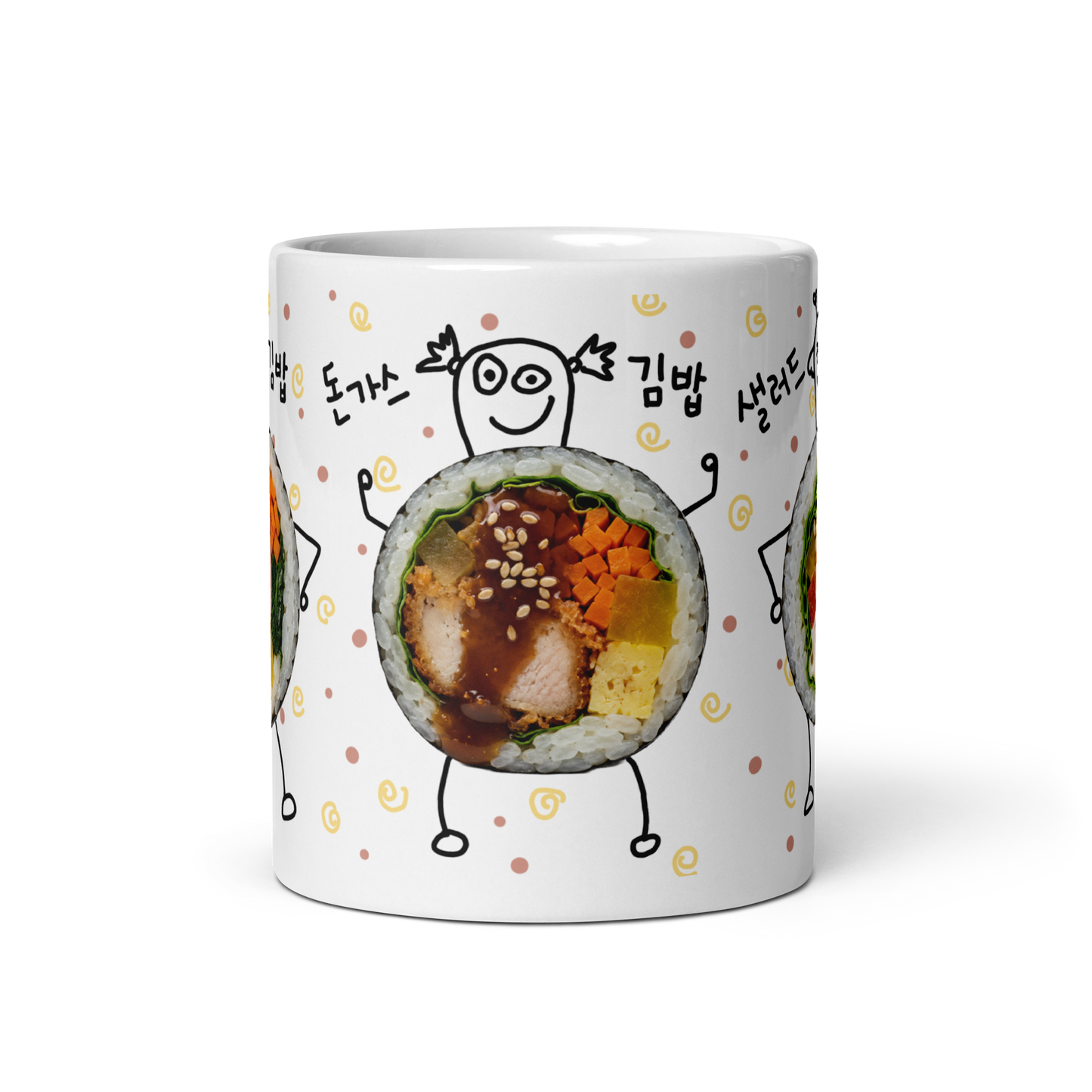 Korean Kimbap Mug – Hand Drawn Sausage, Pork Cutlet & Salad Gimbap Design, Funny Korean Food Coffee Cup, K-Food Gift for Korea Lovers & Foodies