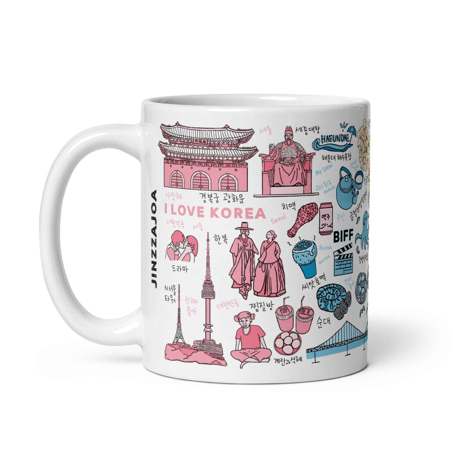 All-in-One Korea Cities Mug – Seoul Busan Gyeongju Jeju Digital Hand Drawn Art Coffee Mug, Korean Travel Illustration Ceramic Cup, K-Culture Gift for Korea Lovers