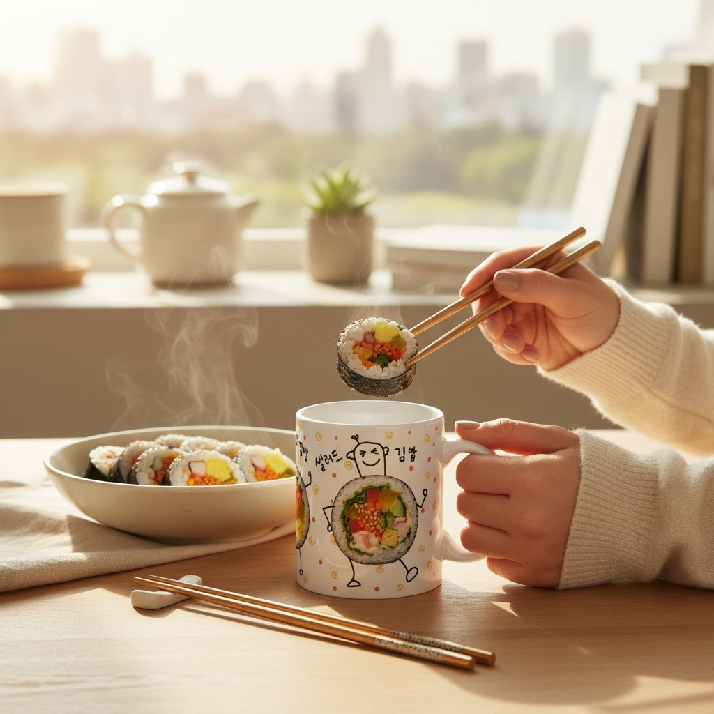 Korean Kimbap Mug – Hand Drawn Sausage, Pork Cutlet & Salad Gimbap Design, Funny Korean Food Coffee Cup, K-Food Gift for Korea Lovers & Foodies