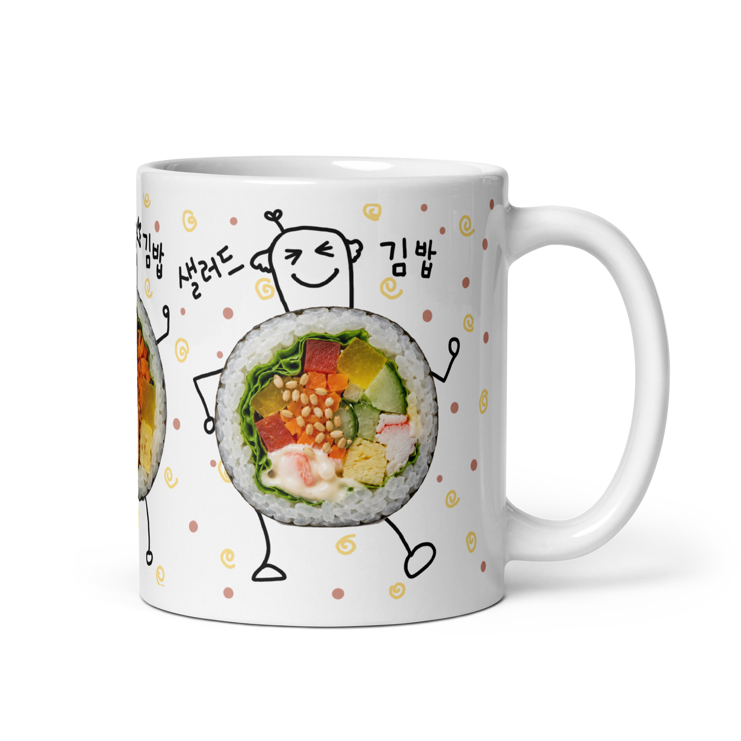 Korean Kimbap Mug – Hand Drawn Sausage, Pork Cutlet & Salad Gimbap Design, Funny Korean Food Coffee Cup, K-Food Gift for Korea Lovers & Foodies