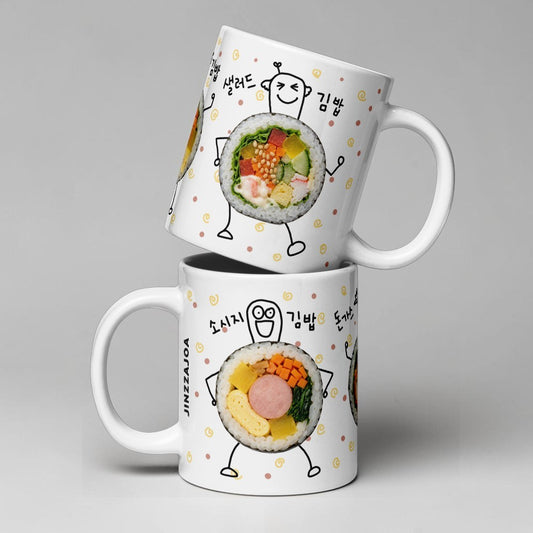 Korean Kimbap Mug – Hand Drawn Sausage, Pork Cutlet & Salad Gimbap Design, Funny Korean Food Coffee Cup, K-Food Gift for Korea Lovers & Foodies