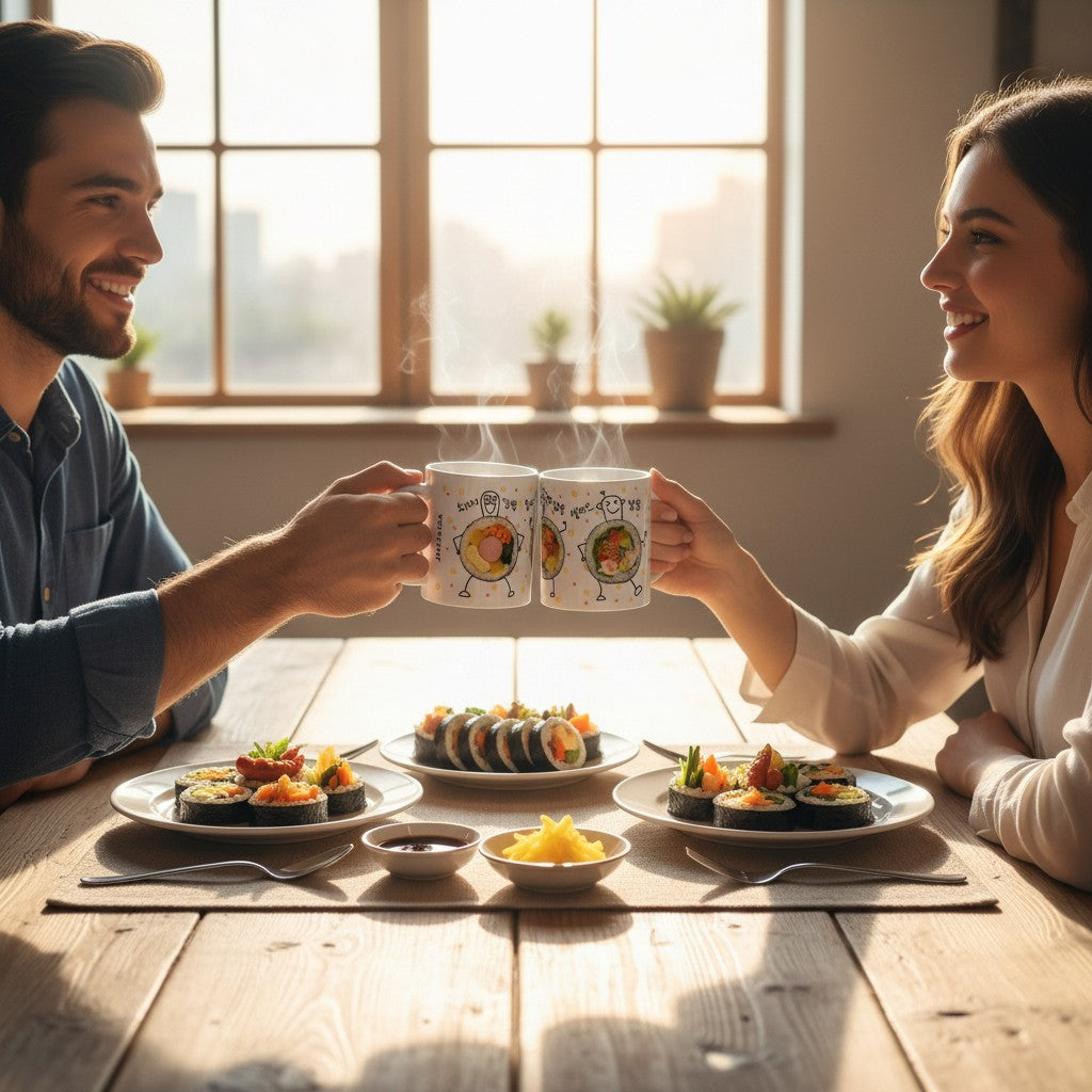 Korean Kimbap Mug – Hand Drawn Sausage, Pork Cutlet & Salad Gimbap Design, Funny Korean Food Coffee Cup, K-Food Gift for Korea Lovers & Foodies