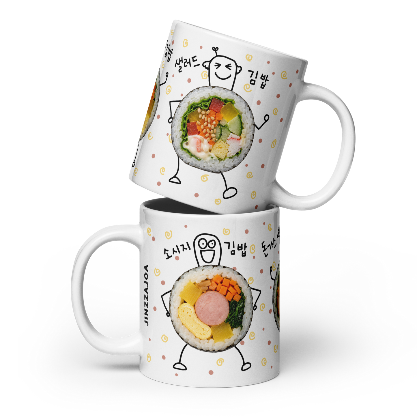 Korean Kimbap Mug – Hand Drawn Sausage, Pork Cutlet & Salad Gimbap Design, Funny Korean Food Coffee Cup, K-Food Gift for Korea Lovers & Foodies