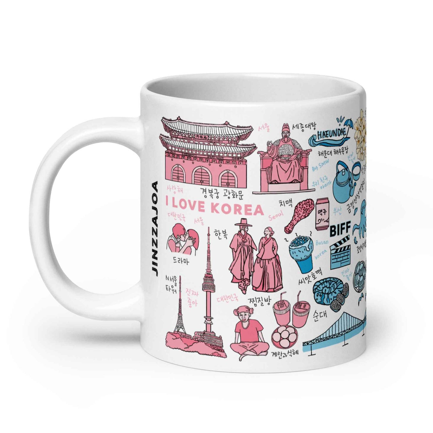 All-in-One Korea Cities Mug – Seoul Busan Gyeongju Jeju Digital Hand Drawn Art Coffee Mug, Korean Travel Illustration Ceramic Cup, K-Culture Gift for Korea Lovers