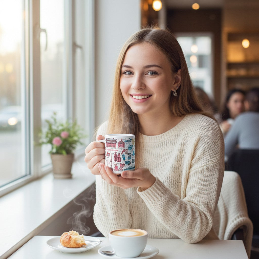 Korea Cities Coffee Mug & Ice Cream Cup – Hand Drawn Seoul Busan Jeju Gyeongju Travel Art Ceramic Cup